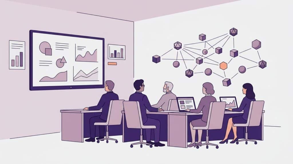 Salle de formation en entreprise : des cadres attentifs face à un écran de présentation, tandis qu'un réseau de formes géométriques reliées entre elles, figurant des agents IA autonomes, s'organise derrière eux sans qu'ils le voient.