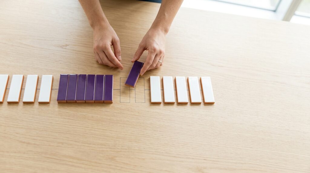 Vue de dessus d'un plan de travail où une main déplace une tuile violette pour la regrouper avec un bloc de tuiles violettes, au milieu d'une ligne de tuiles blanches figurant les étapes d'un processus de travail en cours de redécoupage.