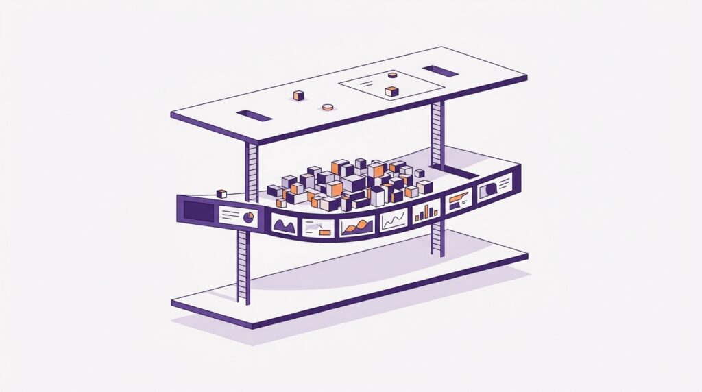 Illustration isométrique de trois plateaux superposés reliés par des passerelles, celui du milieu se courbant sous une accumulation de blocs, image de la surcharge des managers intermédiaires